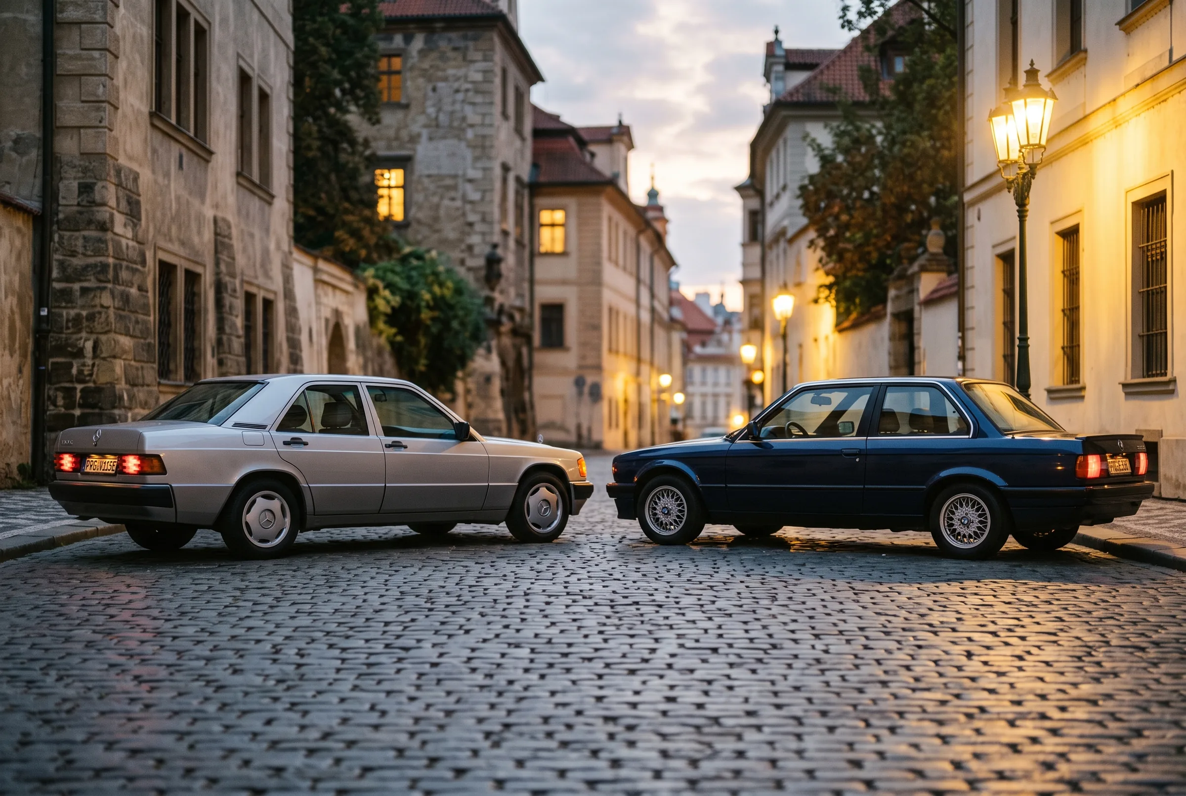 Mercedes 190E und BMW E30 in der Abenddämmerung