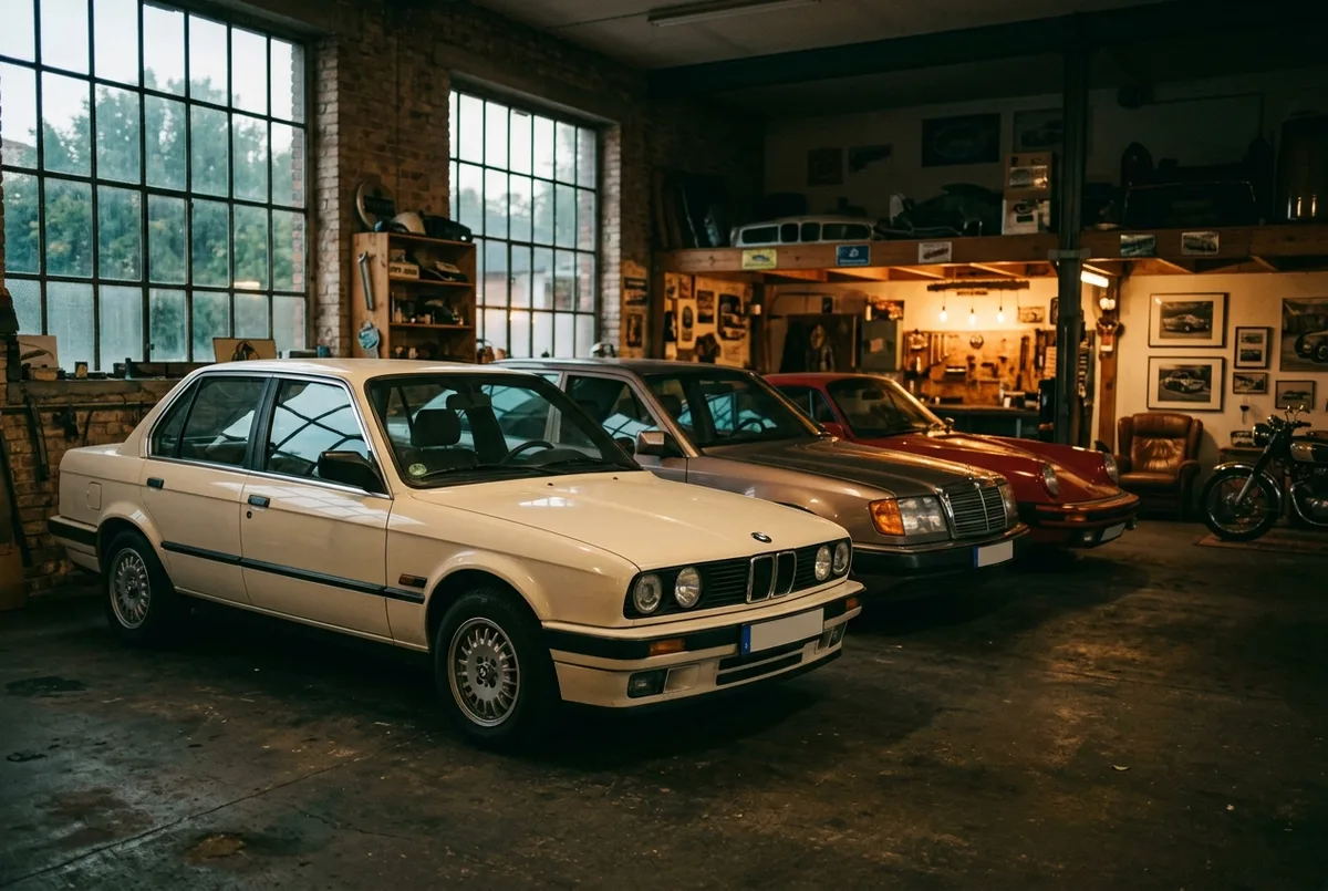 Klassiker-Sammlung in einer Garage, im Vordergrund ein rotes Kennzeichen