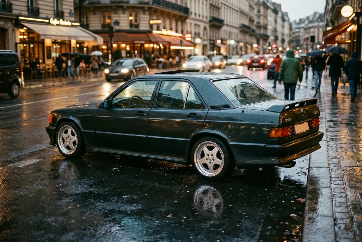 Dunkler Mercedes 190E auf nassem Abendasphalt