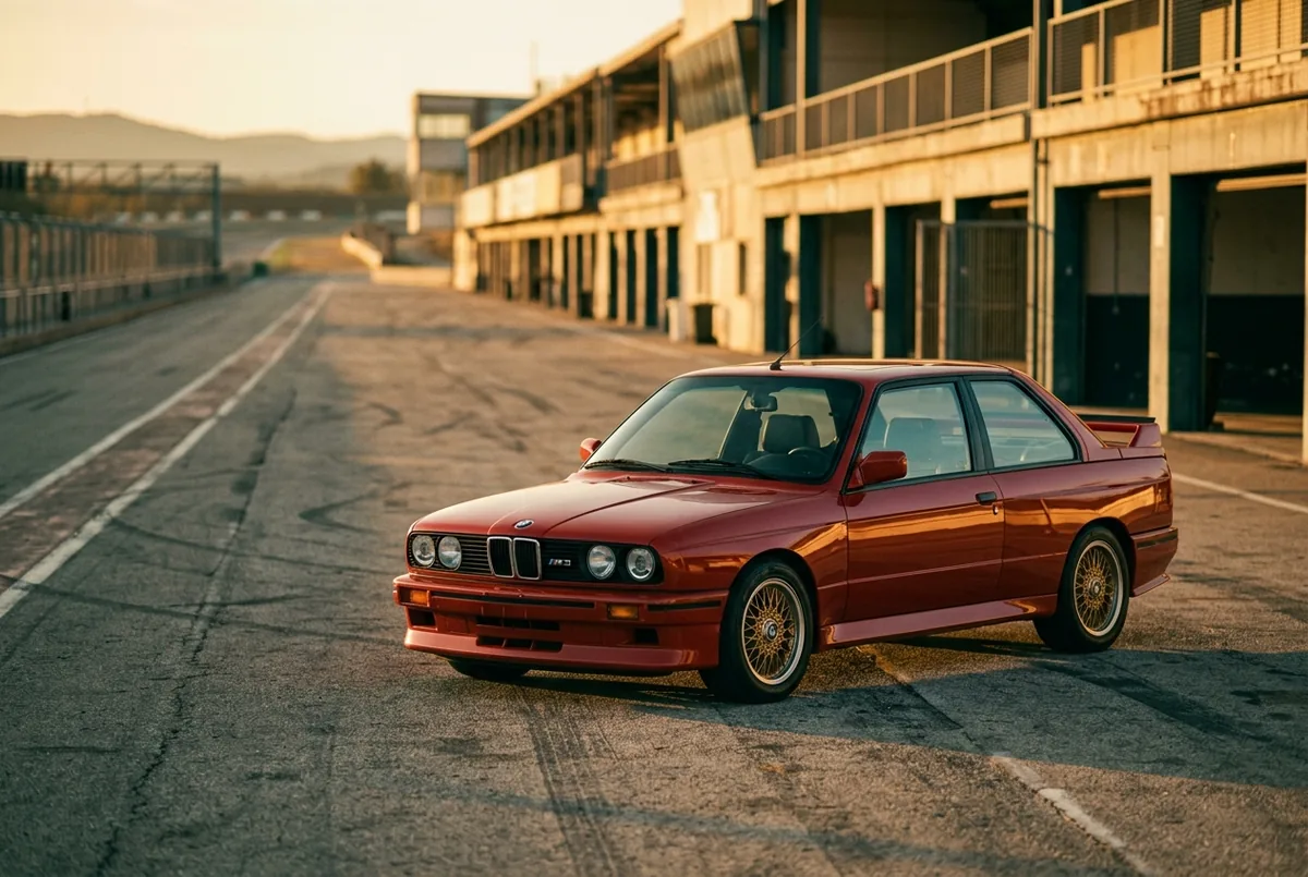 BMW E30 M3 im Fahrerlager bei tiefer Sonne