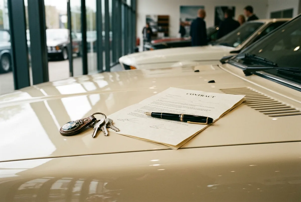 Schlüssel und Vertrag auf der Motorhaube eines Klassikers