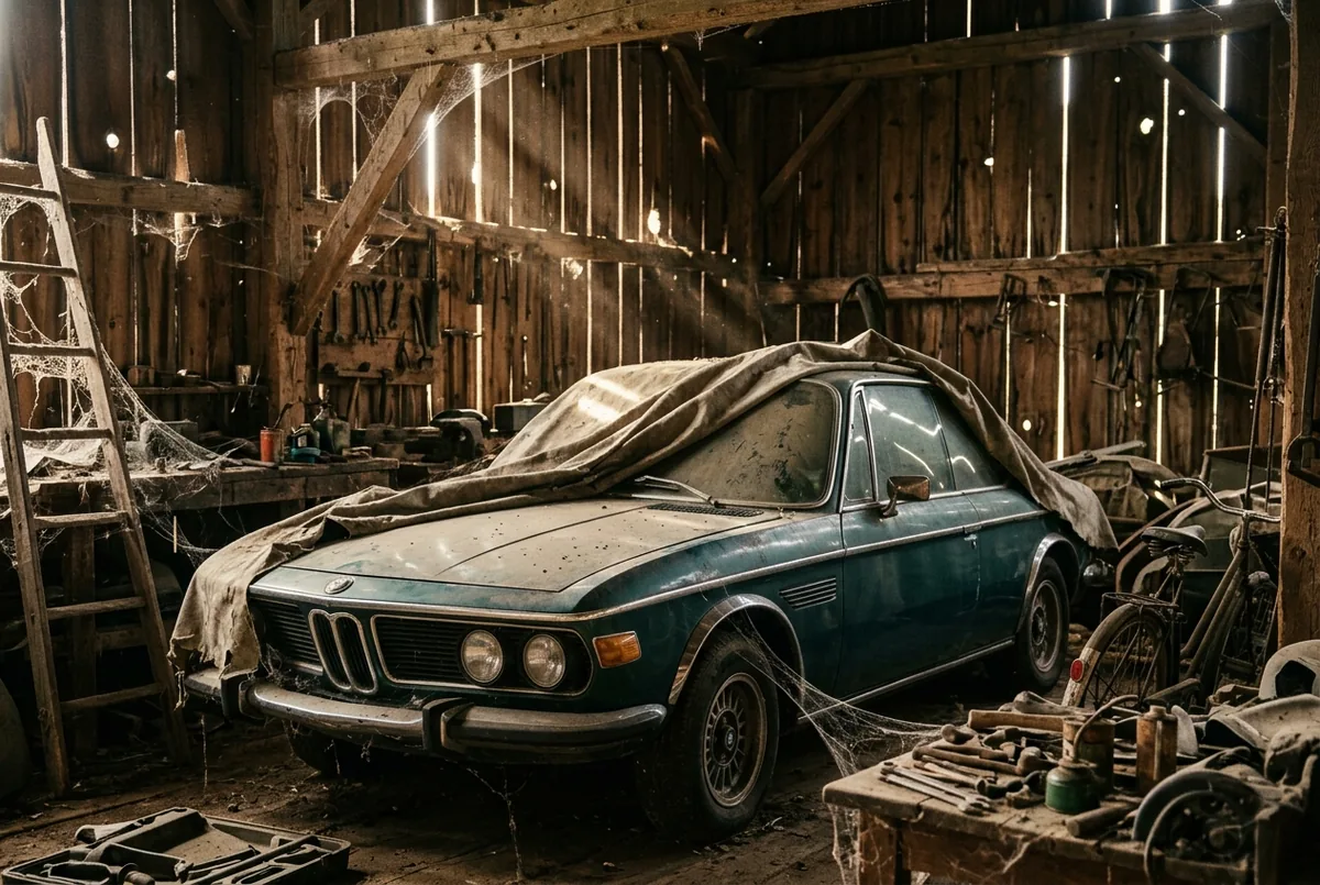 Verstaubter Klassiker unter Tuch in alter Garage