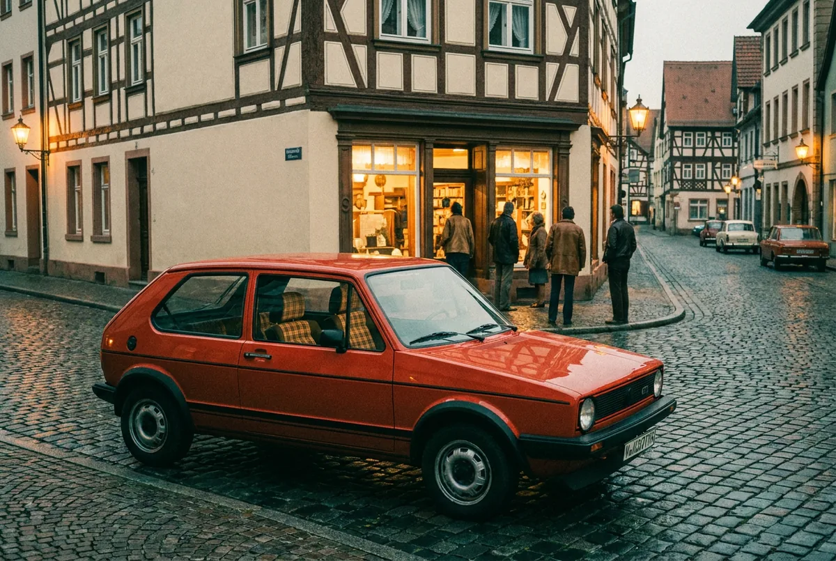 Roter Golf GTI an Kopfsteinpflaster-Ecke in der Dämmerung