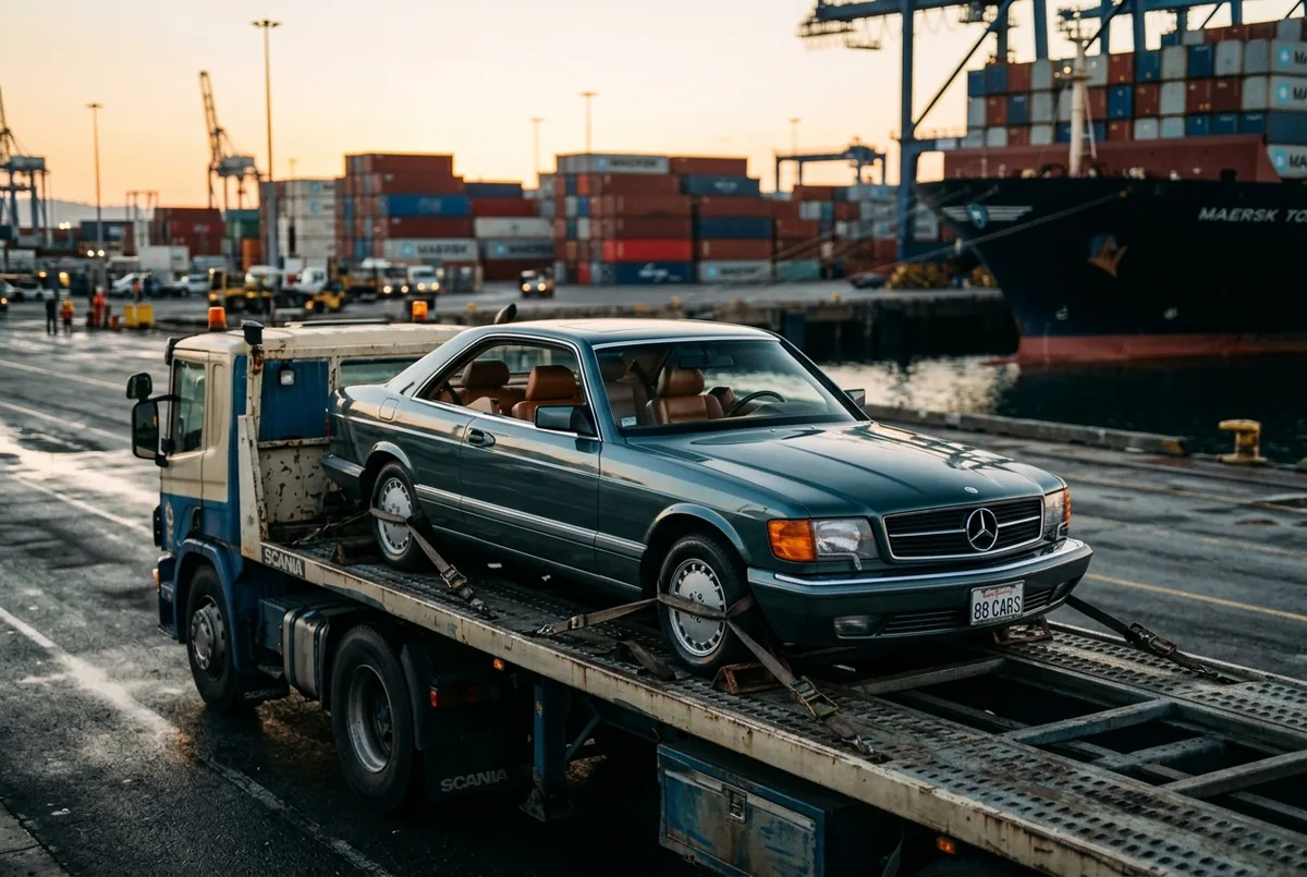 Klassiker auf Autotransporter im Hafen