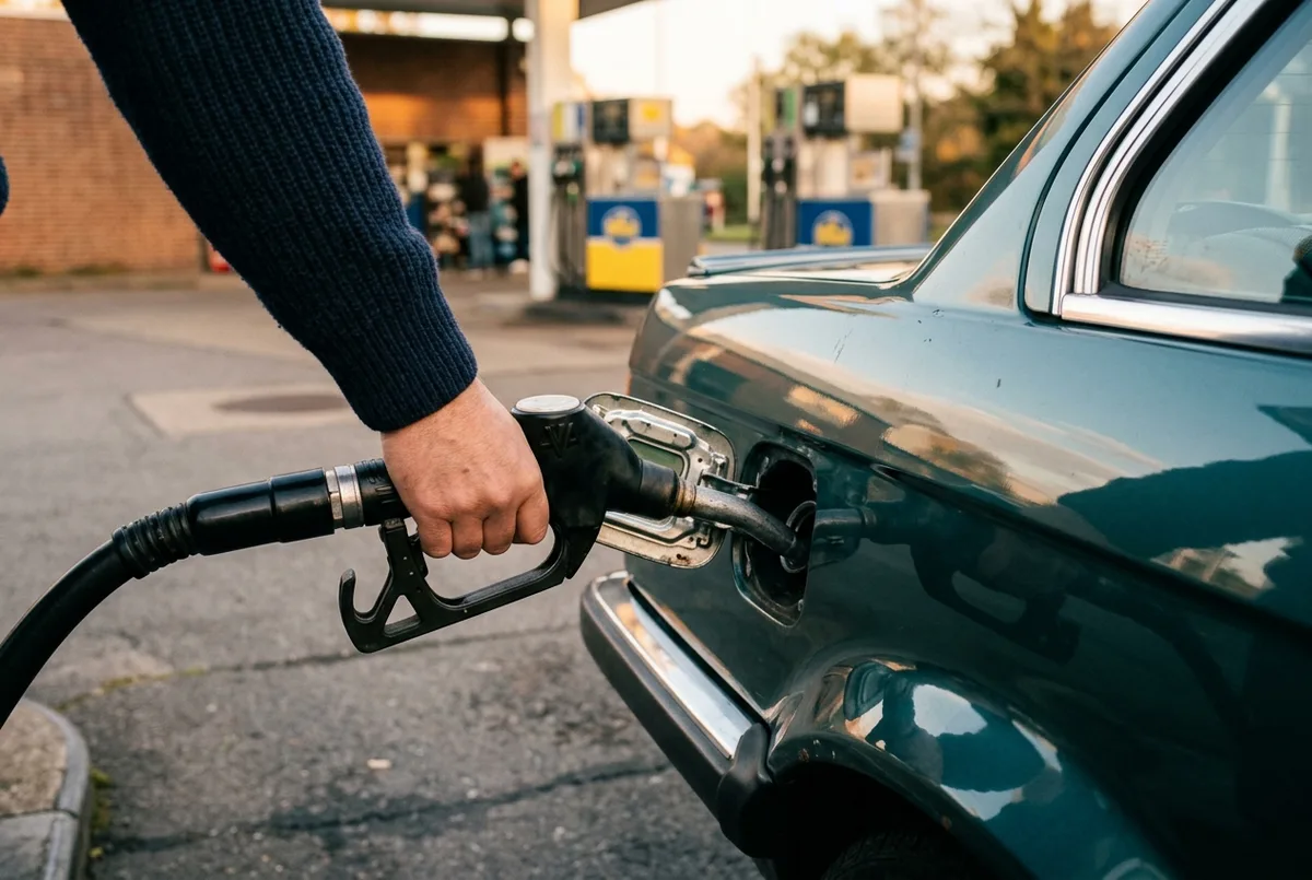 Zapfpistole an einem klassischen Auto, Tankdeckel geöffnet