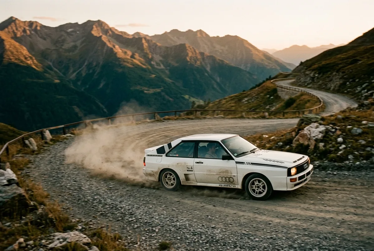 Audi quattro auf Schotter-Bergstraße in der Dämmerung
