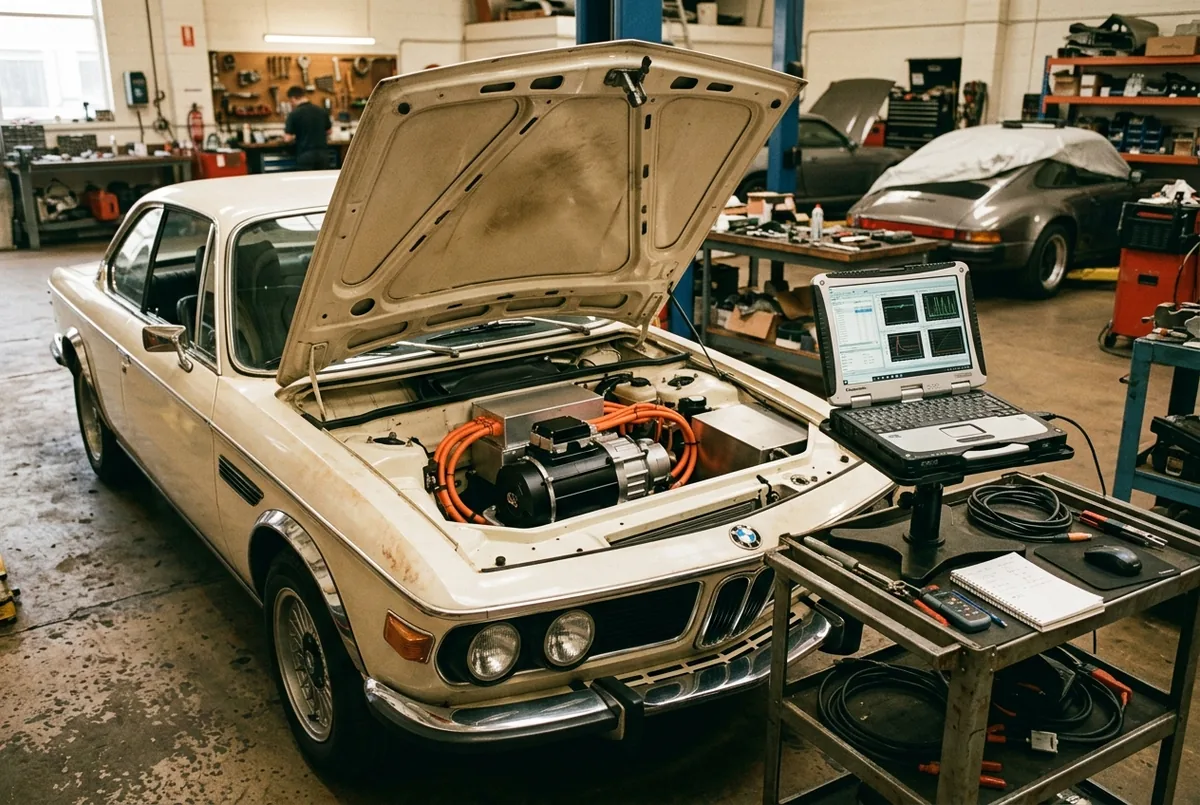 Klassiker mit Elektro-Umbau in moderner Werkstatt