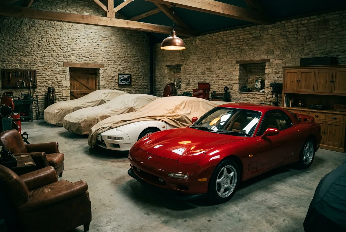 Sammlergarage mit 90er-Sportwagen unter Abdeckungen
