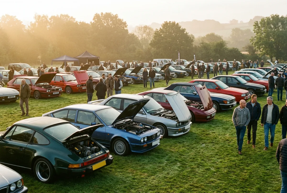 Oldtimer-Treffen auf einer Wiese im Morgenlicht