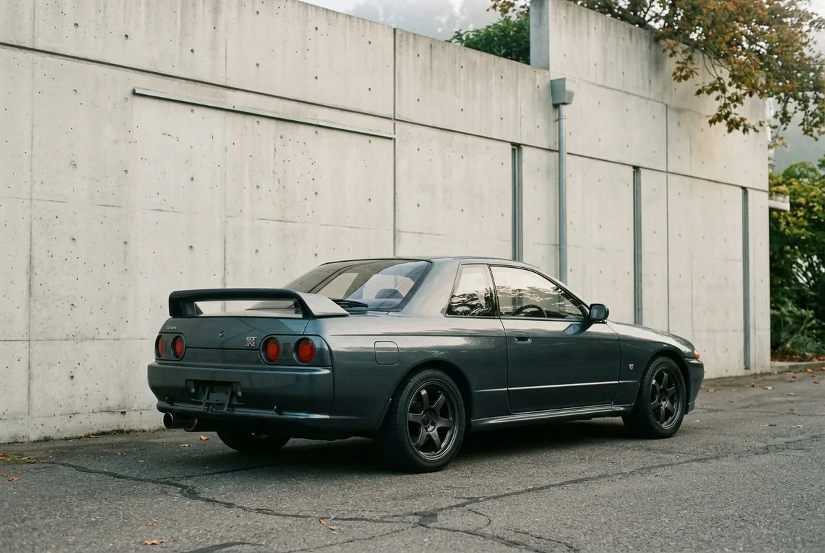 90er-Sportcoupé vor Betonwand in der Abendsonne