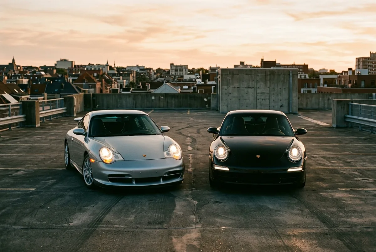 Porsche 996 und 997 auf einem Parkdeck bei Sonnenuntergang