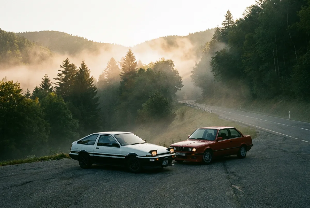 Toyota AE86 und BMW E30 auf einer Bergstraße im Morgennebel