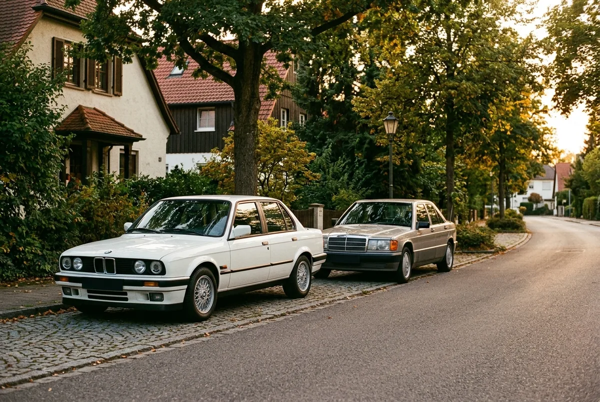 BMW E30 und Mercedes 190E am Straßenrand in der Abendsonne