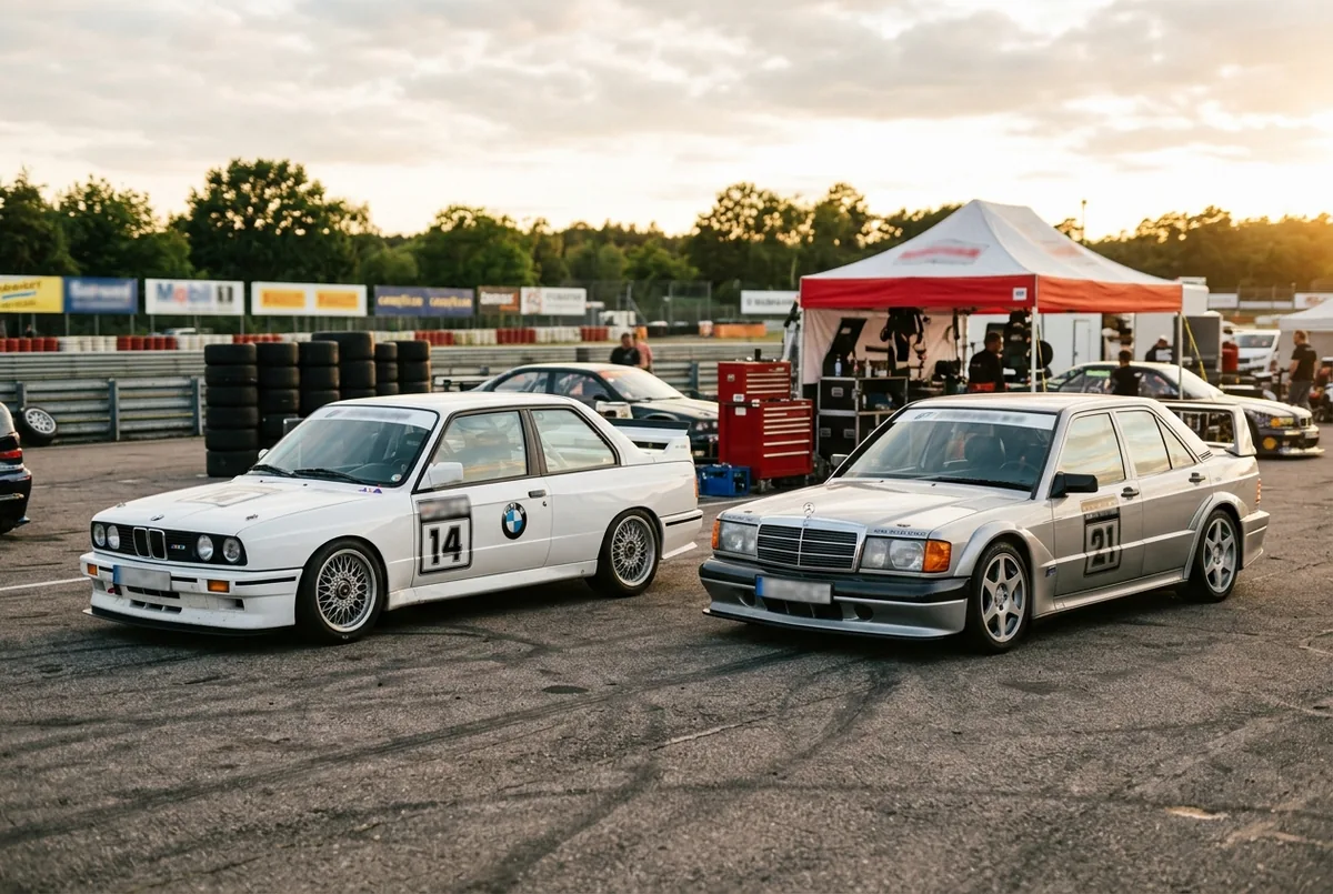 BMW E30 M3 und Mercedes 190E 2.3-16 im Fahrerlager