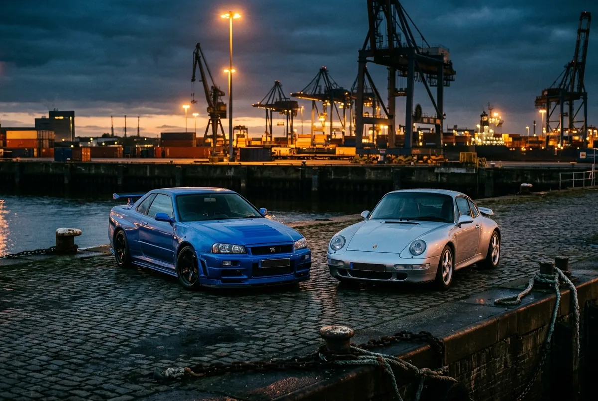 Nissan Skyline R34 GT-R und Porsche 993 am Hafenkai