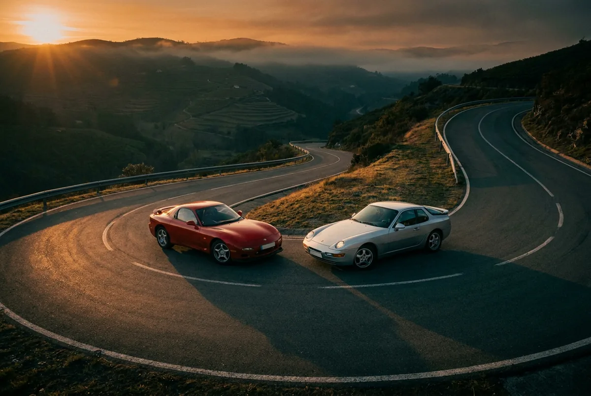 Mazda RX-7 FD und Porsche 968 in einer Passkehre