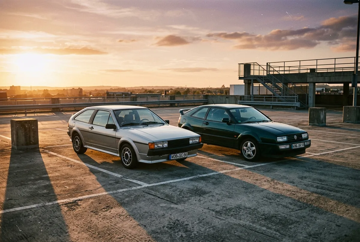 VW Scirocco II und Corrado auf einem Parkdeck bei Sonnenuntergang