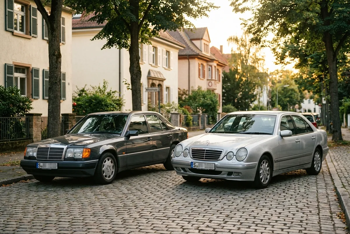 Mercedes W124 und W210 am Straßenrand in der Abendsonne